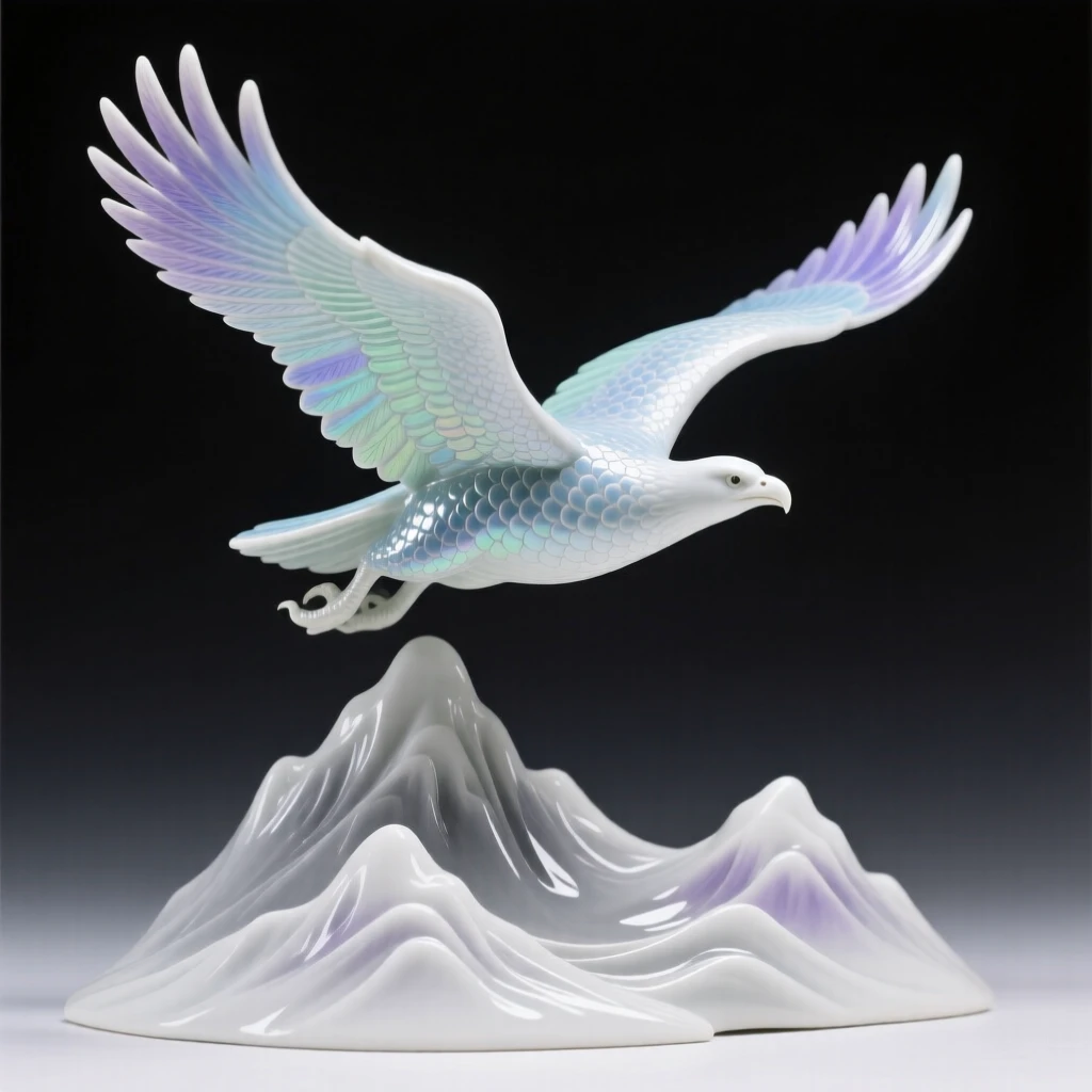 A majestic thunderbird soaring above a mountain range, scales shimmering with iridescent color.