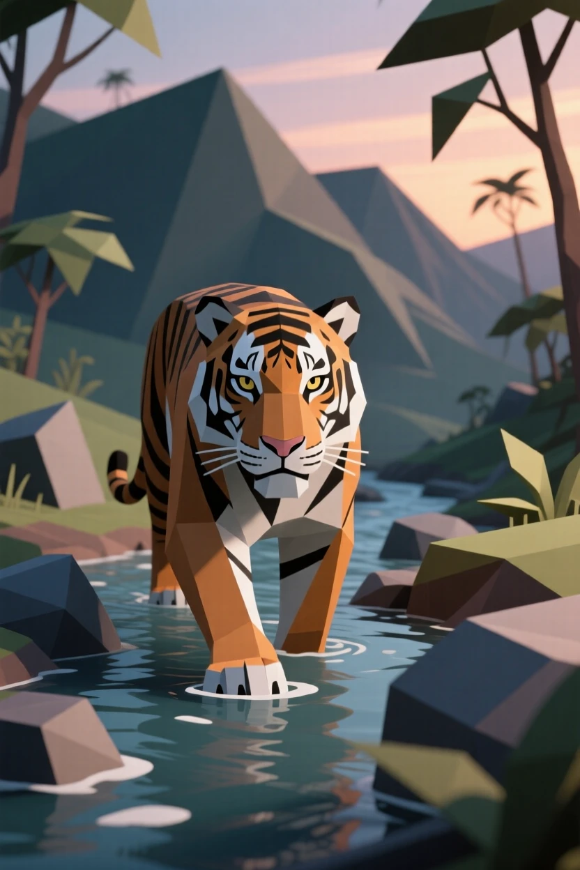 A tiger wading through a jungle stream, on a windswept ridge at dusk. the framing draws the eye directly to its gaze. A gentle, peaceful stillness fills the air.