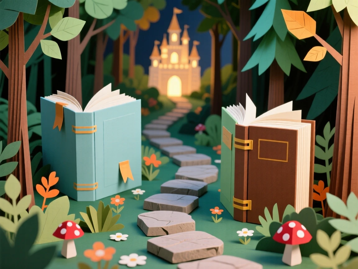 A path made of giant stepping-stone books leading through a magical forest toward a glowing castle in the distance, evoking storybook imagination.
