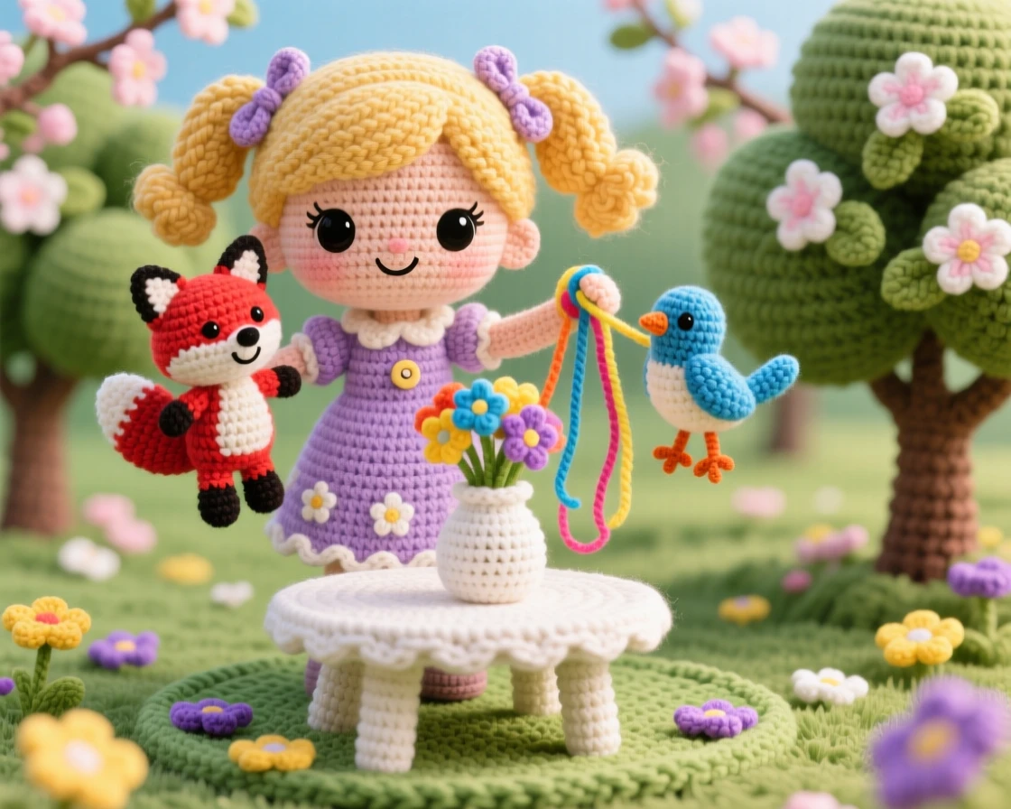A charming scene of a little girl puppeteer with colorful string puppets in each hand, putting on a small show for friends inside a blooming orchard on a warm afternoon; a small vase of wildflowers on the table adds to the moment, full of comforting familiarity and small-town charm.