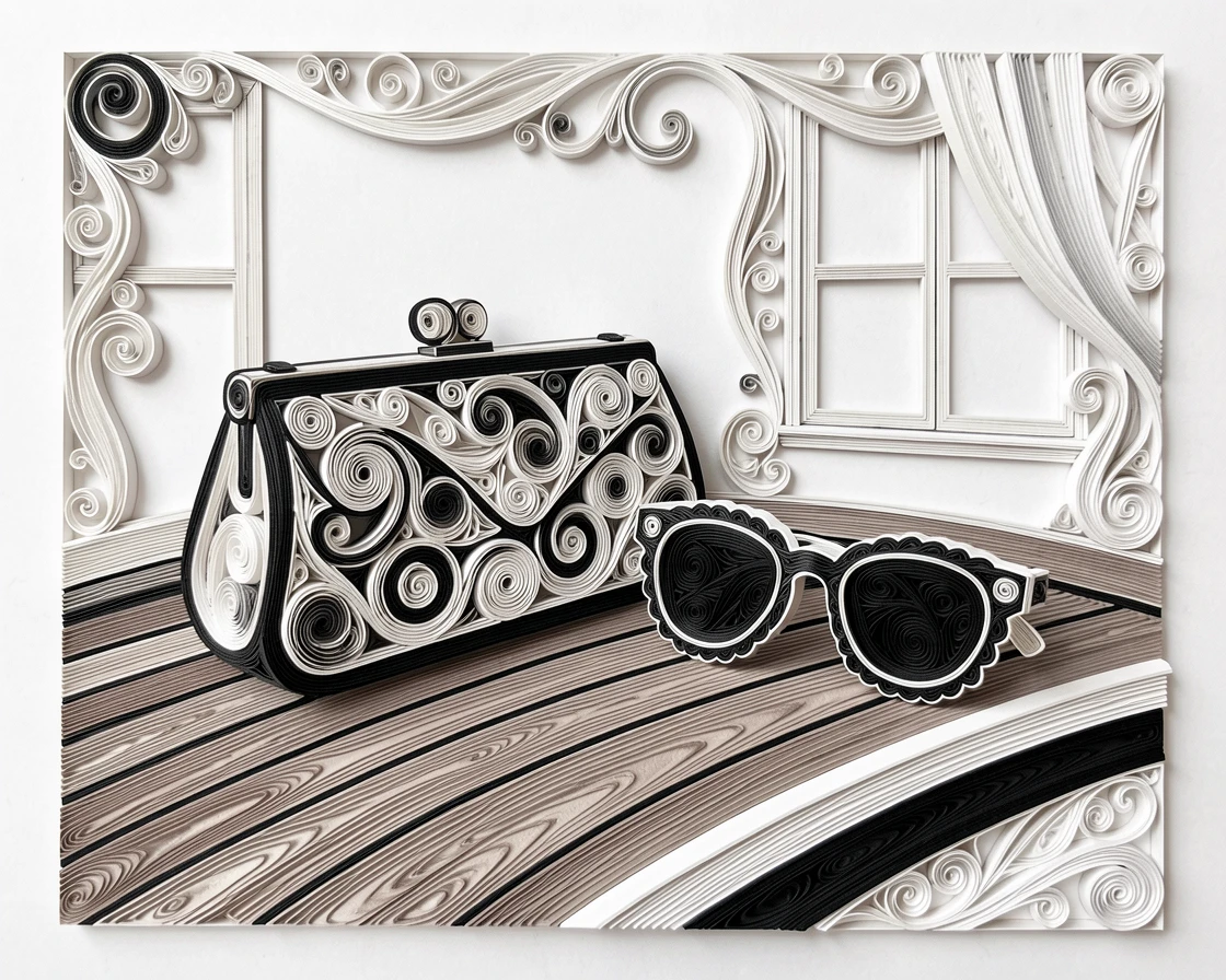 A sophisticated luxury scene of a designer clutch beside a pair of sunglasses on a yacht deck in a chic Parisian apartment, in classic monochrome black and white, framed with an air of quiet, understated elegance.