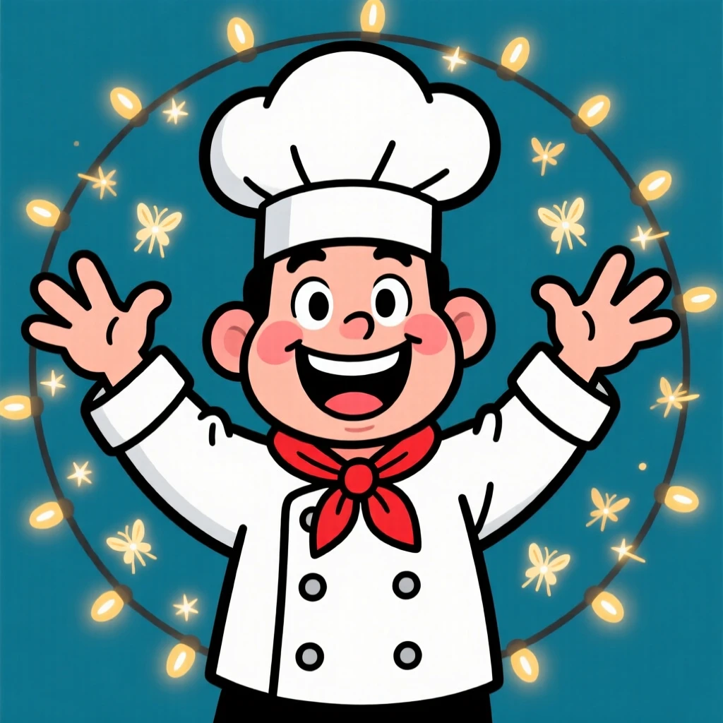 A charming portrait of a cheerful chef, gesturing dramatically with both hands raised, surrounded by twinkling fairy lights.