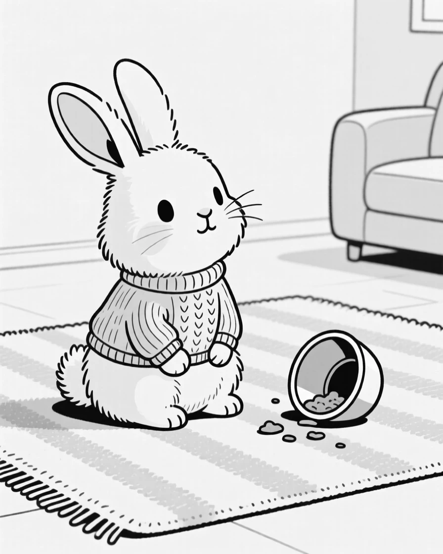 A fluffy bunny with one ear standing straight up, tilting its head at an impossible angle, set on a living room rug in a tiny sweater. A food bowl sits tipped over and empty. It's an irresistibly charming slice of animal personality.