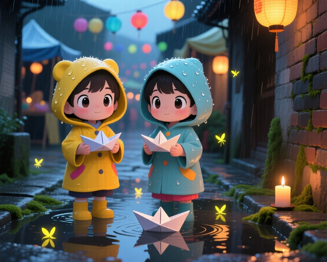 Waist-up portrait of children, floating paper boats during a rainy monsoon festival, in a puddle-lined street, as fireflies begin to glow at dusk, illuminated by gentle candlelight, radiating proud determination.