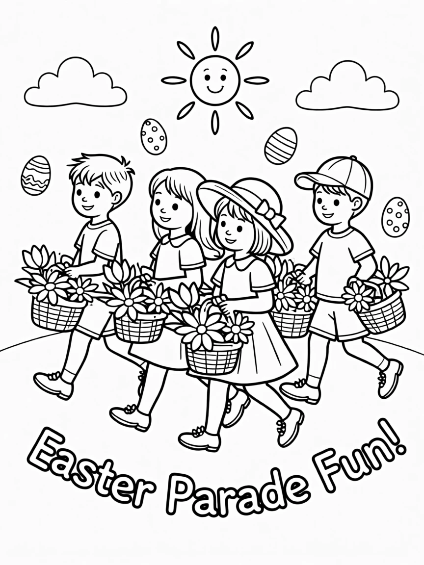 An Easter parade with children carrying flower baskets