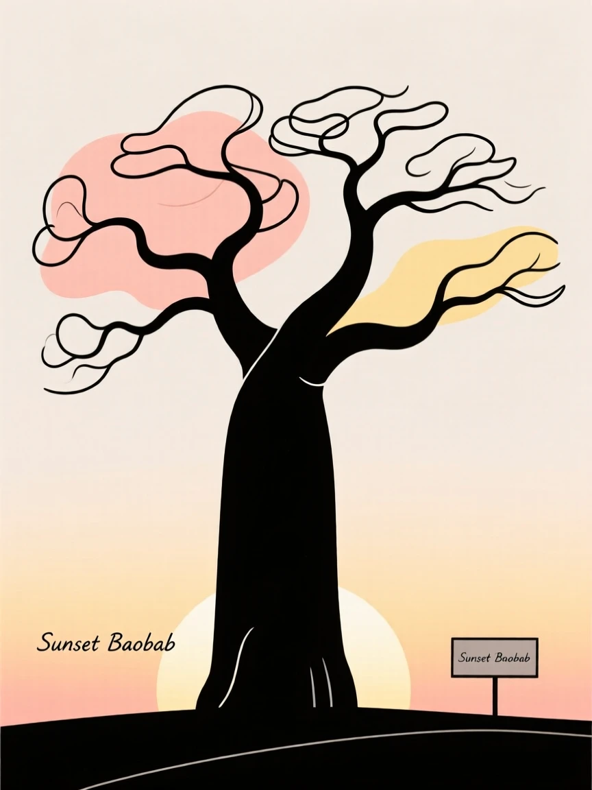 A baobab tree silhouette at sunset