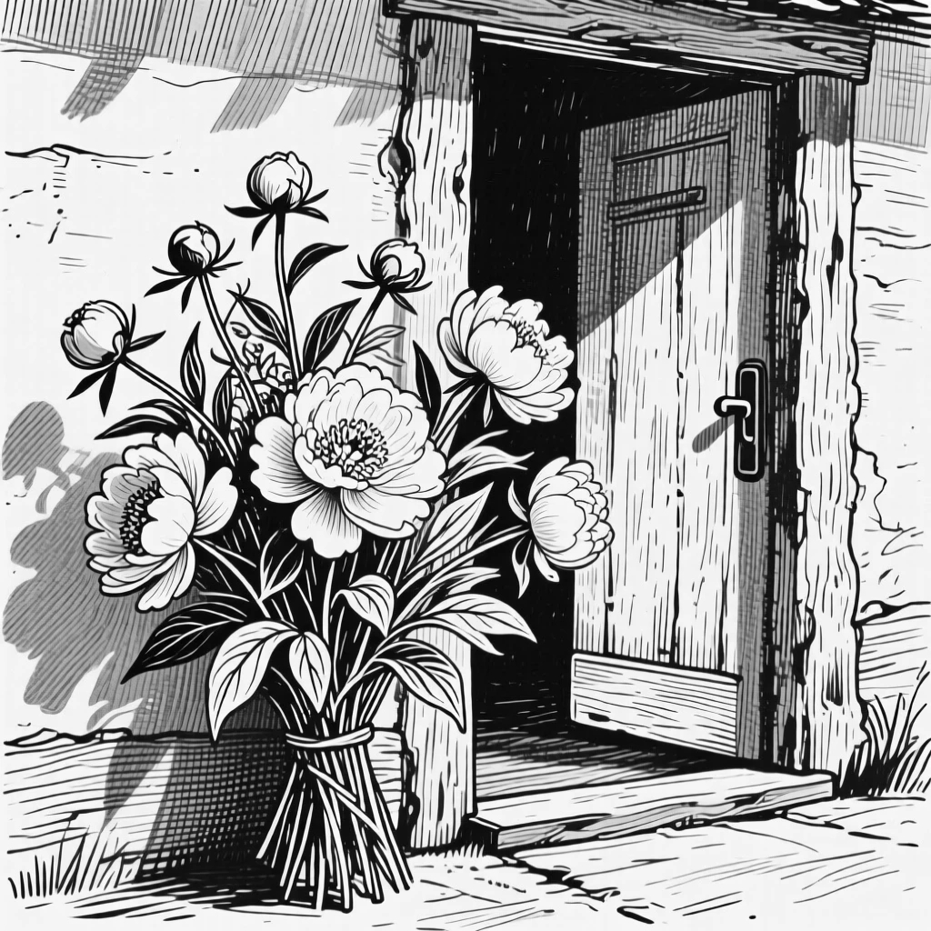A bouquet of wild peonies blooming beside a cottage doorway, with petals catching a beam of light, composed in a peacefully simple still-life arrangement.