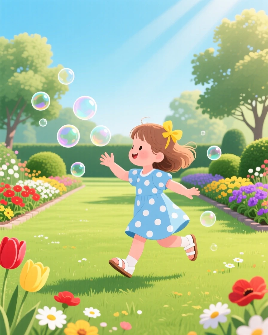 A little girl chasing soap bubbles across a sunny lawn, in a peaceful garden filled with seasonal flowers, arranged with balanced framing that feels warm and inviting, with a sense of warmth and togetherness in every detail.