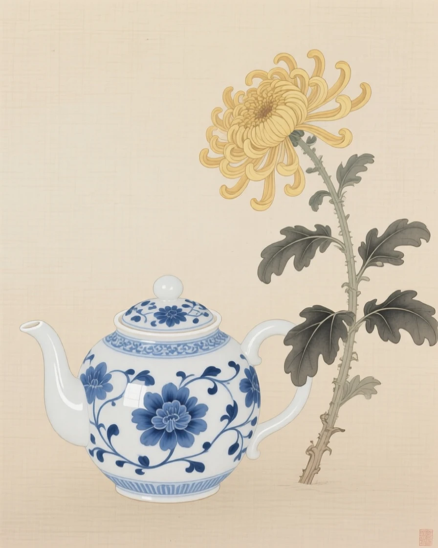 A porcelain teapot beside a single chrysanthemum
