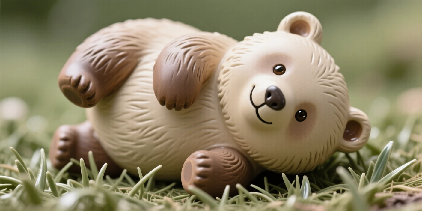 A round baby bear cub tumbling in the grass posed with an adorably curious tilt of the head, its tiny features rendered with heartwarming charm, stirring an overwhelming urge to smile.