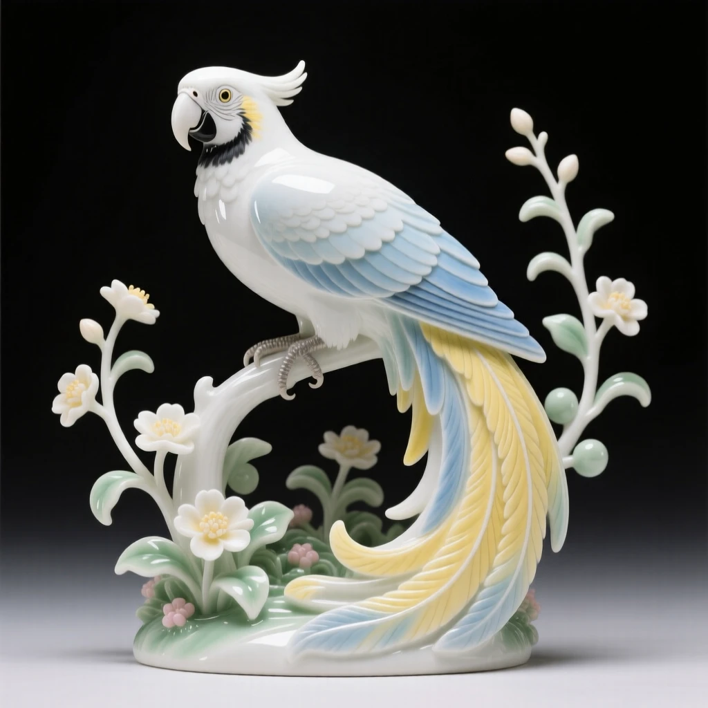 A elegant macaw in a blooming garden, its tail feathers fanned in full display.