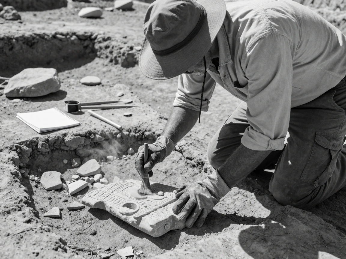 An archaeologist brushes dust from an ancient artifact at a sunbaked excavation site.
