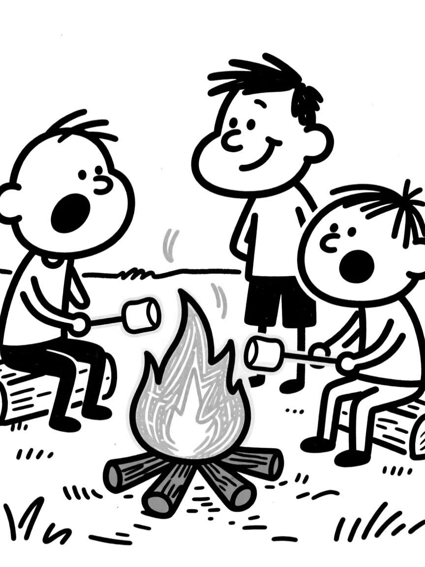 A campfire scene with s'mores being roasted, marshmallow catching a golden glow.