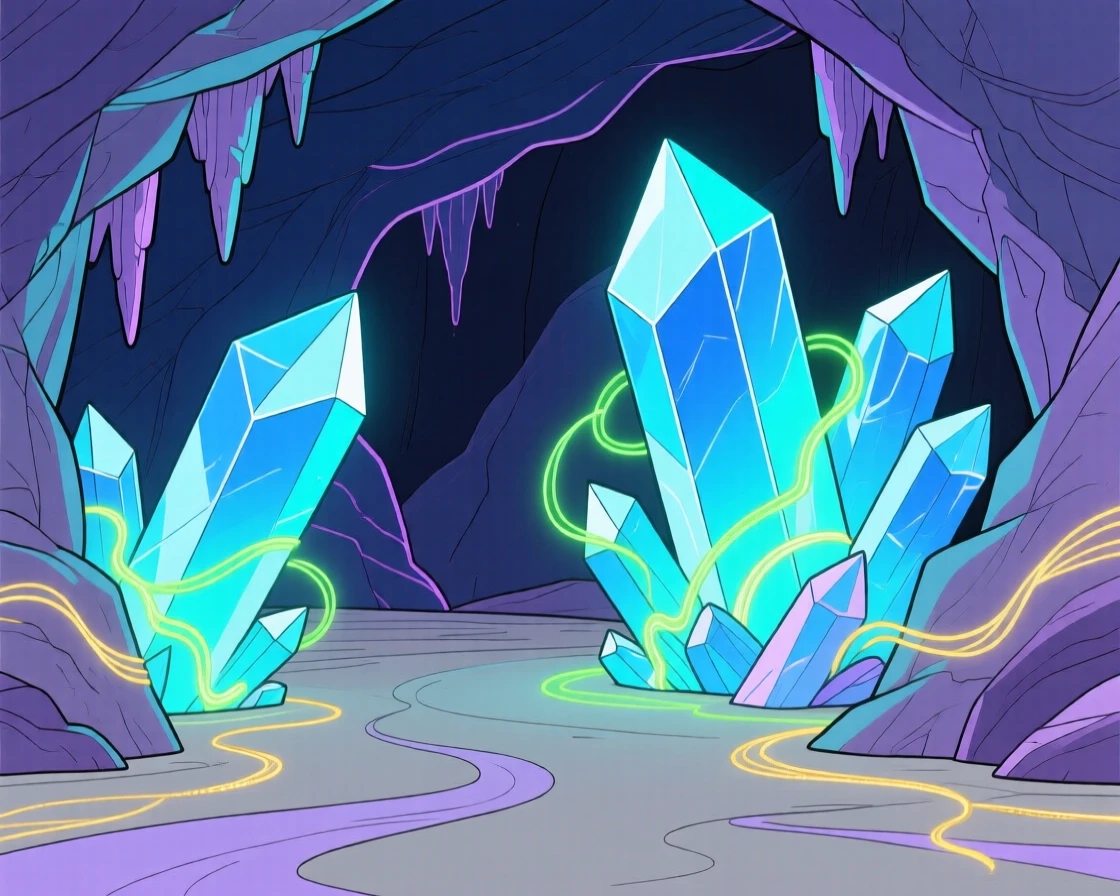 A crystal cave glowing with magical bioluminescent light.