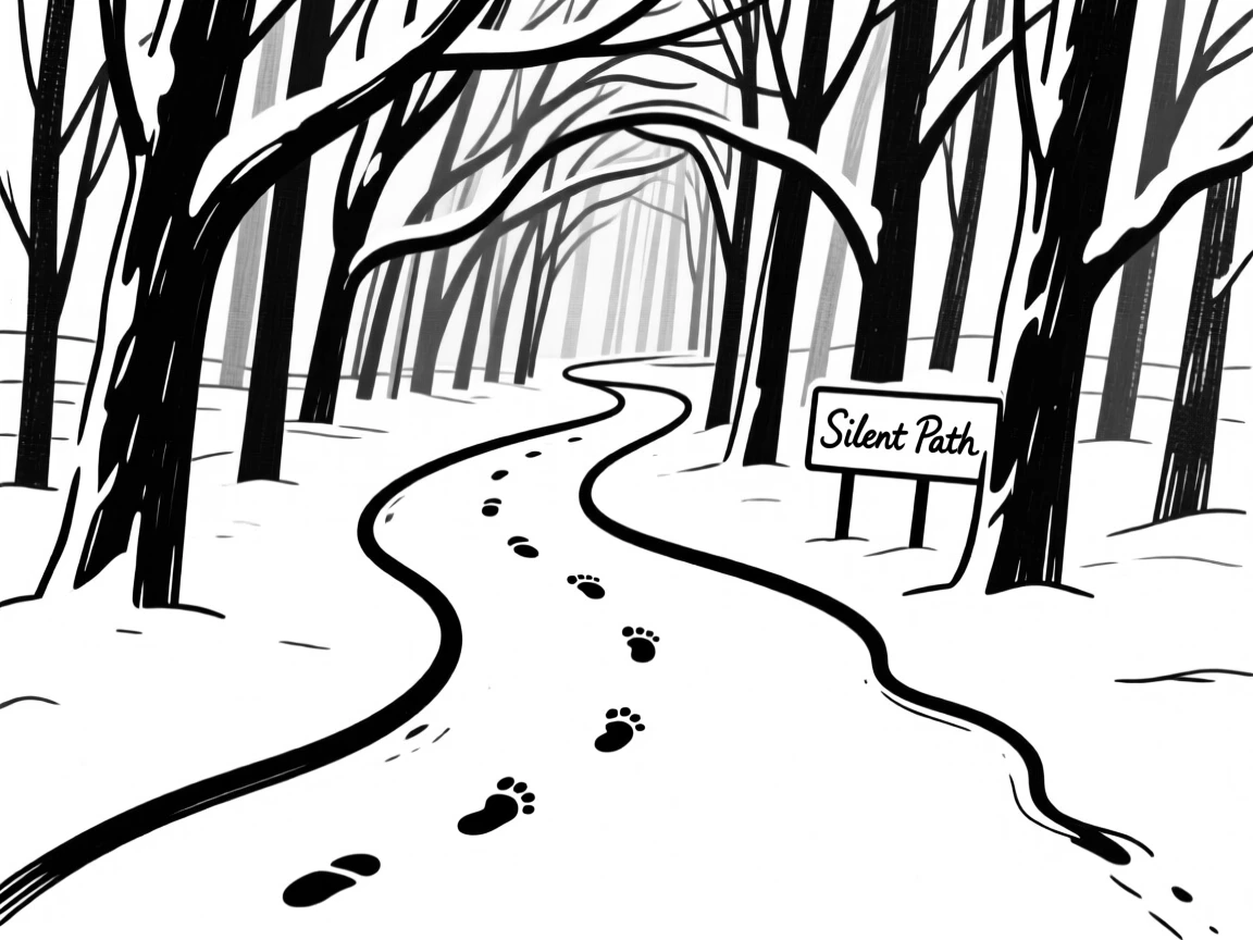 A quiet forest path covered in fresh snow, footprints leading into the trees.