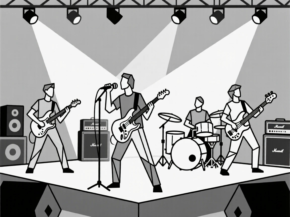 A rock band performing energetically on a concert stage
