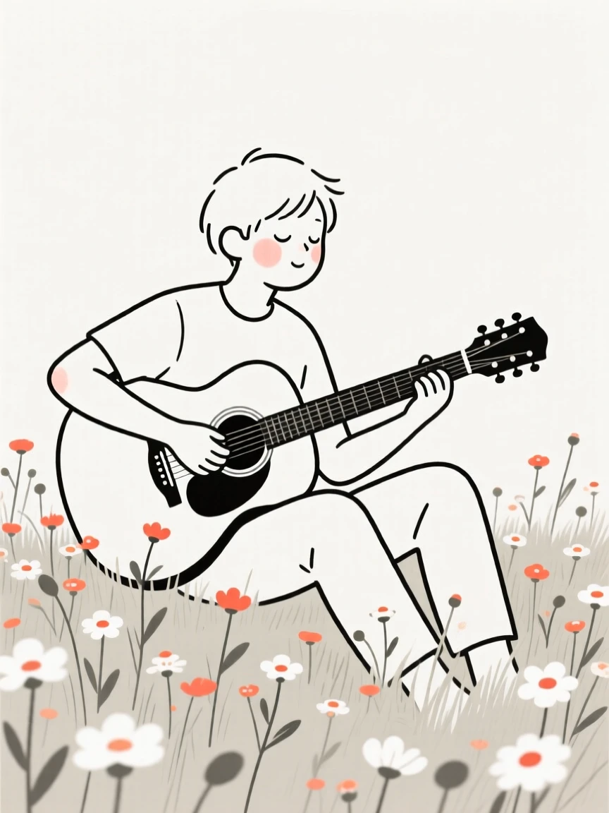 A street musician playing guitar, resting in calm stillness, in a field of wildflowers.