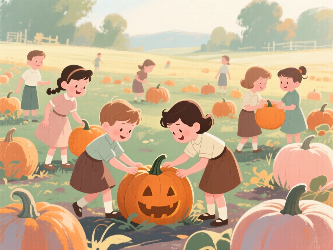 A pumpkin patch with children searching for the perfect pumpkin