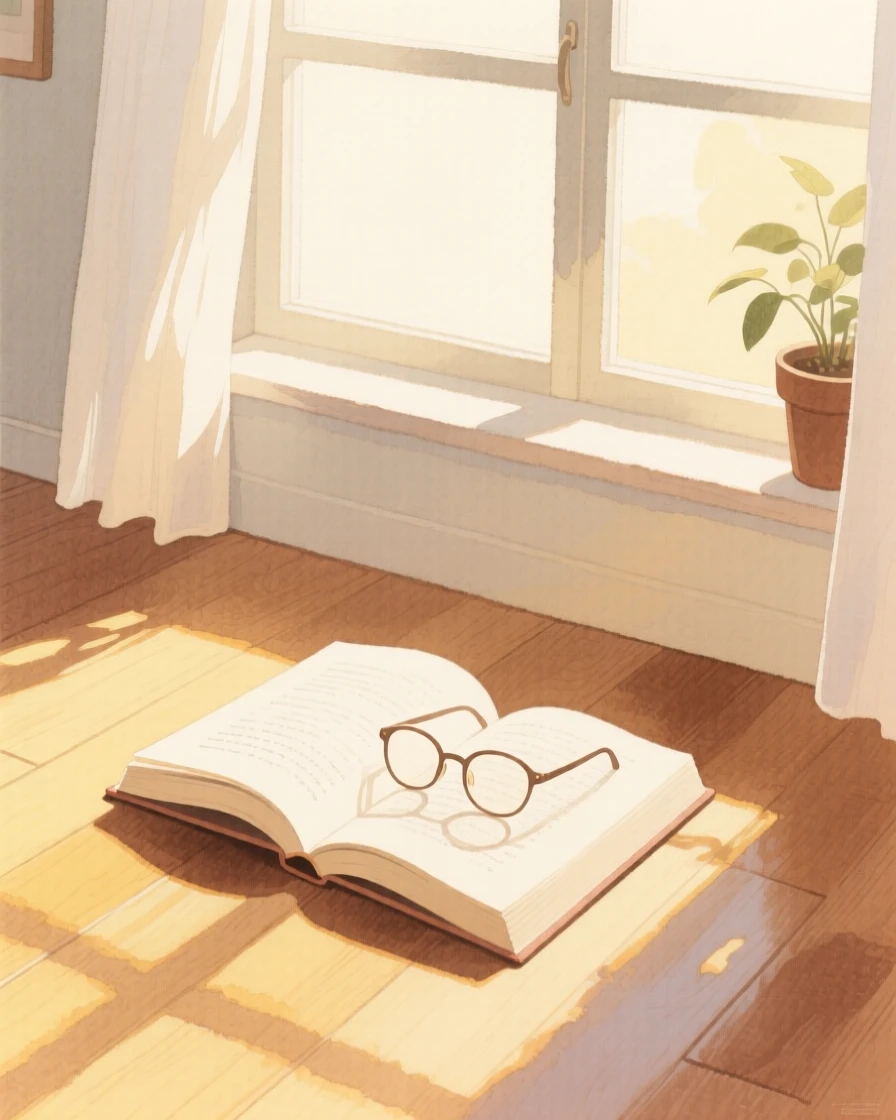 A charming view of a window reading corner, with warm sunlight spilling across the floor, featuring a pair of reading glasses resting on an open book