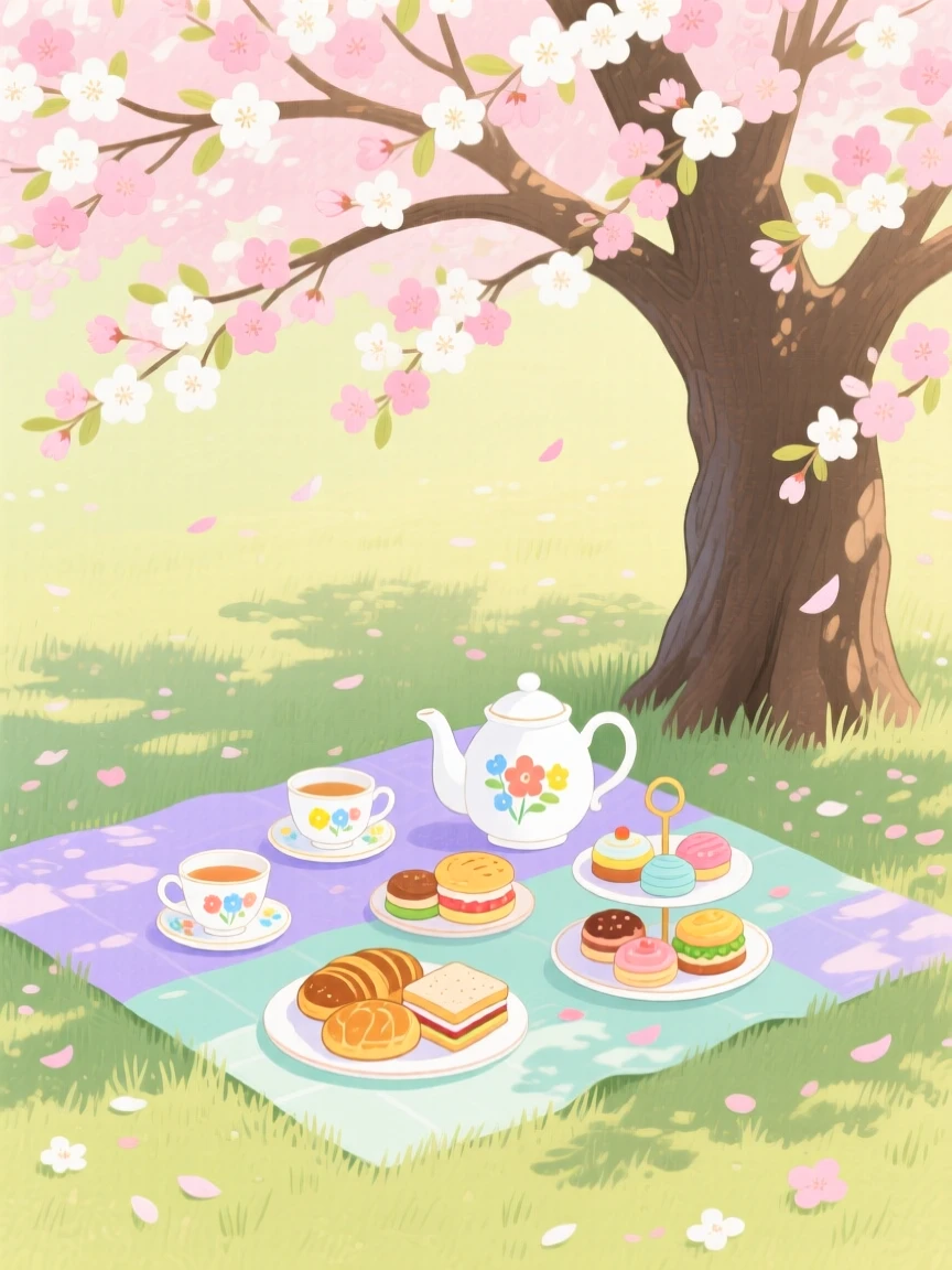 A tea party set up under a blossoming tree, warm and inviting on a quiet afternoon.