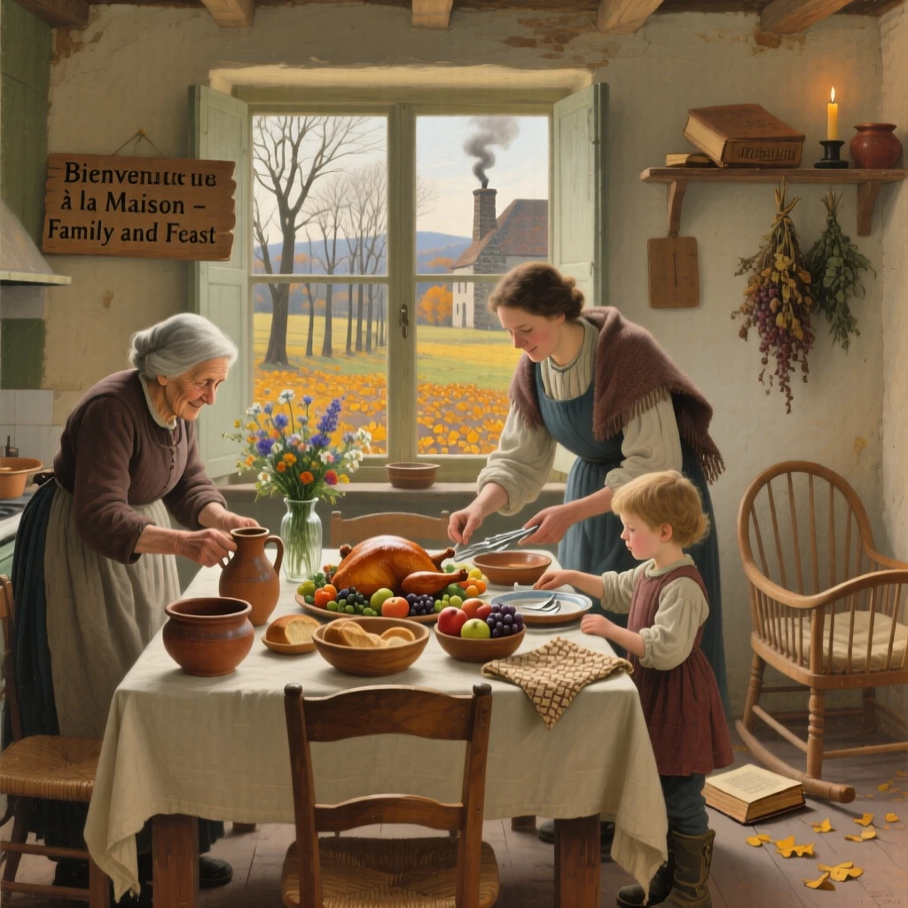 A family setting the table together for a festive holiday meal, as the changing season is reflected in the surrounding setting, celebrating the simple, universal joys of family life