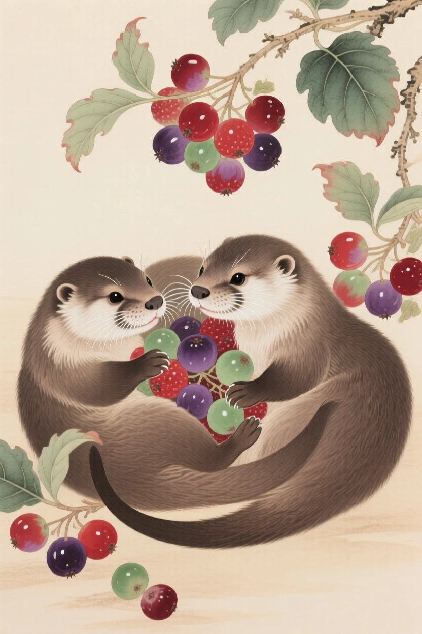 A family of otters curled around a cluster of wild berries