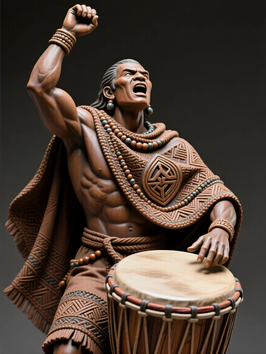 A tribal drummer mid-beat raising an arm in triumphant gesture, draped in richly embroidered ceremonial cloth, evoking reverence for ancient tradition.