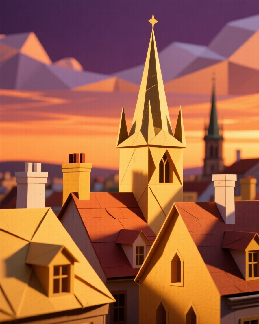 The rooftops of Prague's old town glowing golden under a dramatic sunset.