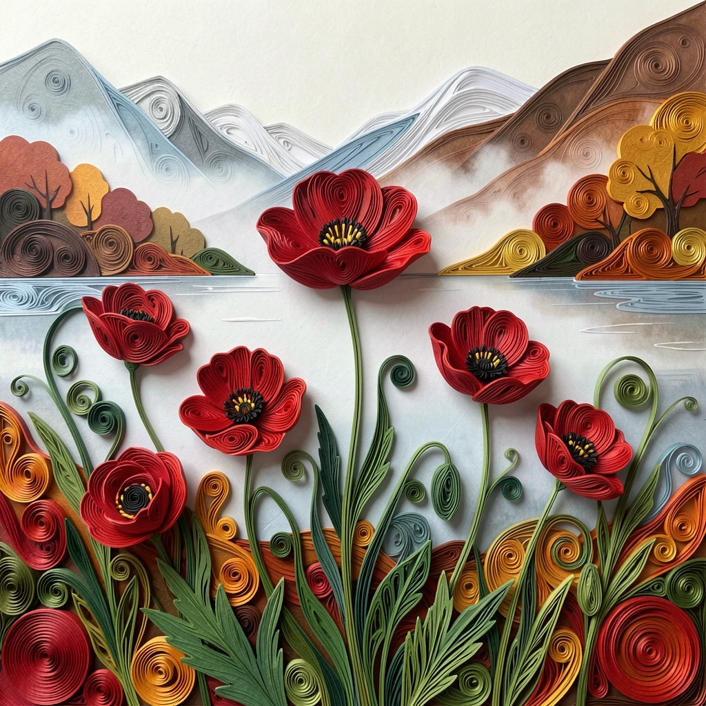 A serene botanical study of a field of red poppies swaying in the breeze along the edge of a misty mountain lake, in warm autumn hues of amber and rust, arranged with a single stem as the clear focal point.