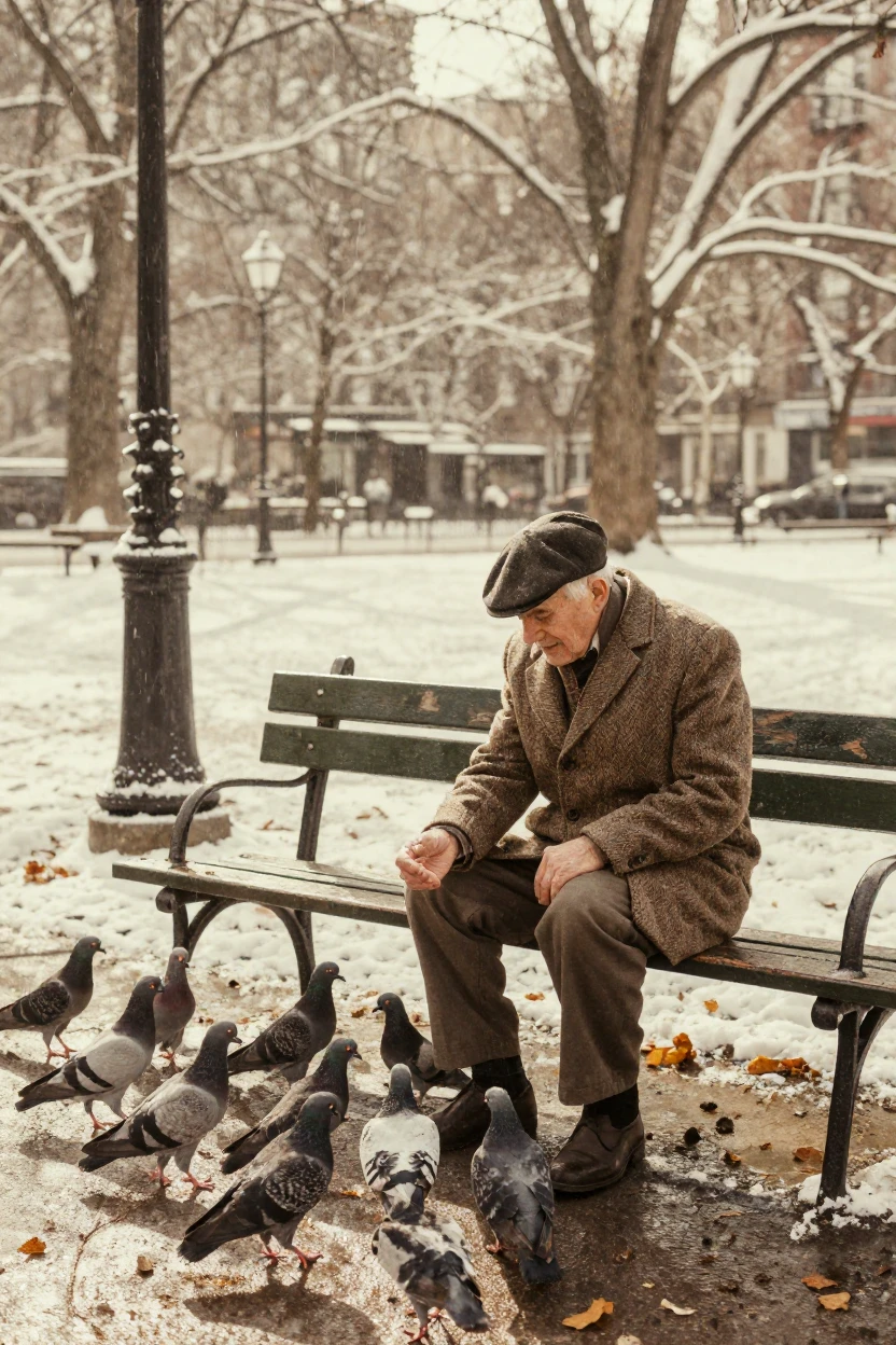 An old man feeding pigeons alone on a park bench, under harsh midday sun, under a light drizzle, under the first snow of winter, in warm honey and cream tones, at eye level, intimate and direct.