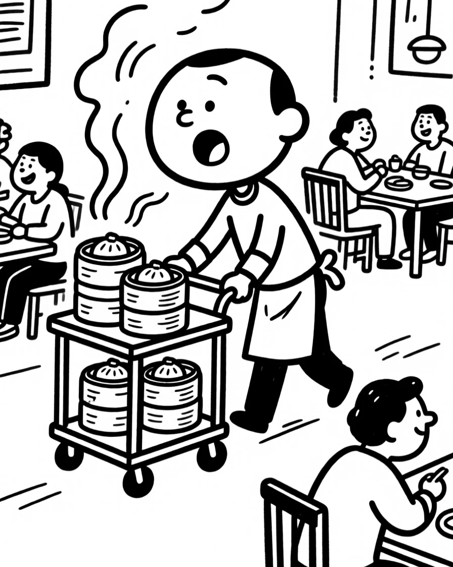 A dim sum cart being wheeled through a bustling restaurant, steam rising from baskets.