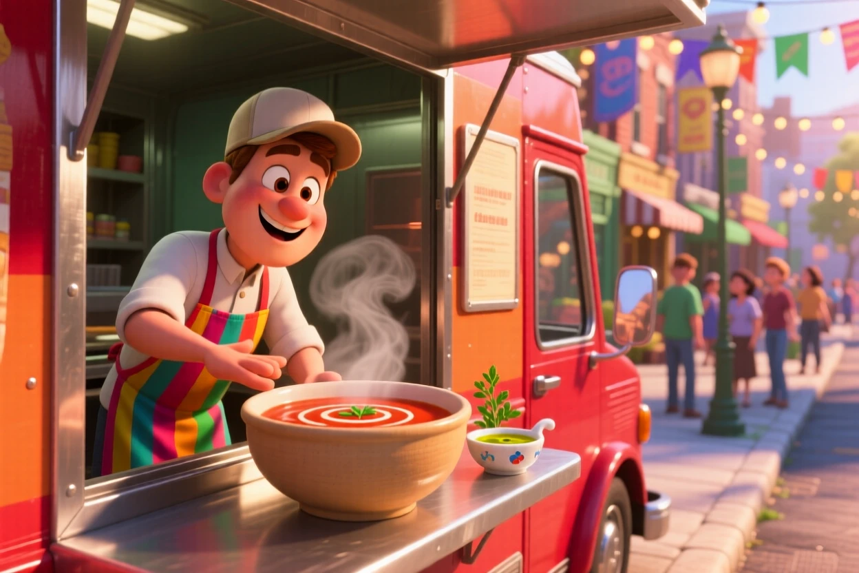 A bowl of creamy tomato bisque sits at a food truck window on a lively street, beside a small dish of dipping sauce. The scene feels inviting, warm, and delicious.