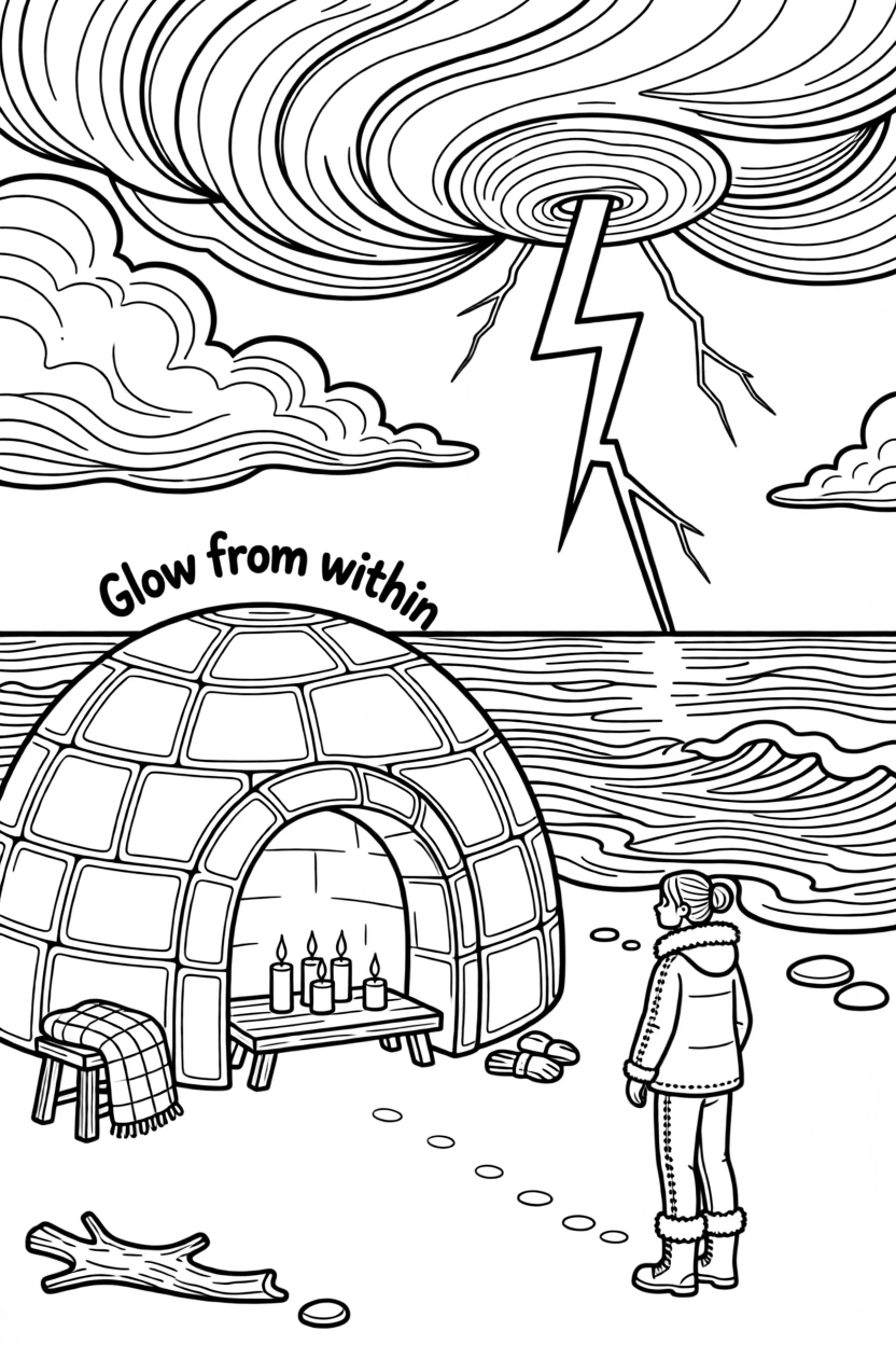 An igloo glowing from candlelight inside, a bolt of lightning splitting a stormy sky above the ocean.
