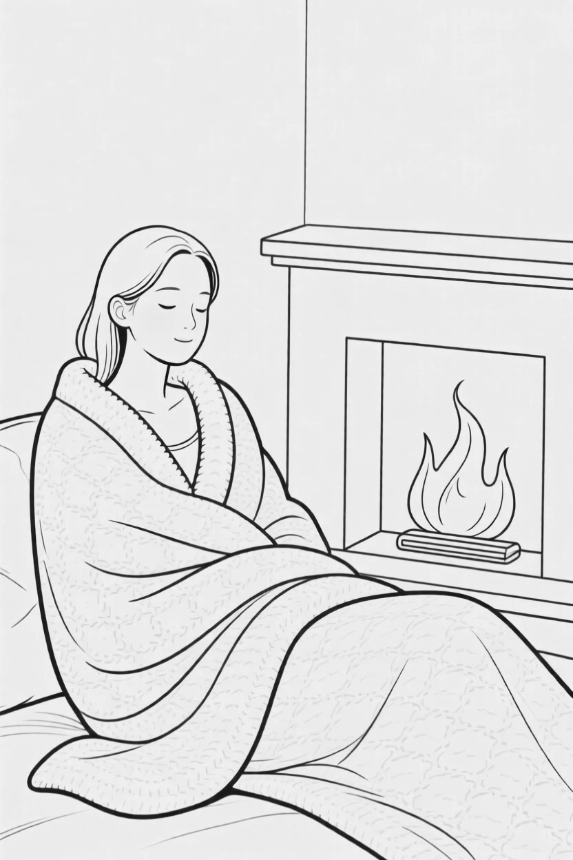 A portrait of a person wrapped in a cozy blanket by a fireplace