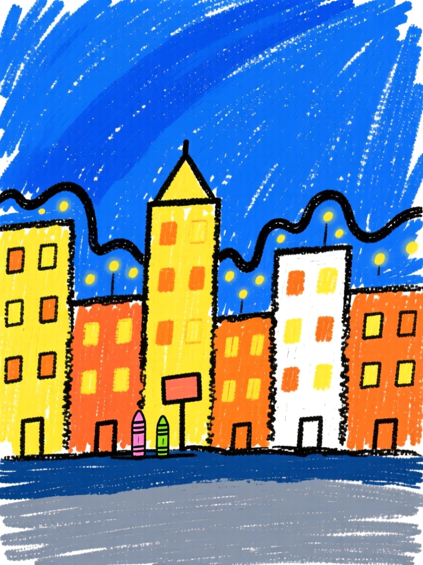 A city skyline glowing with lights against a deep blue dusk.