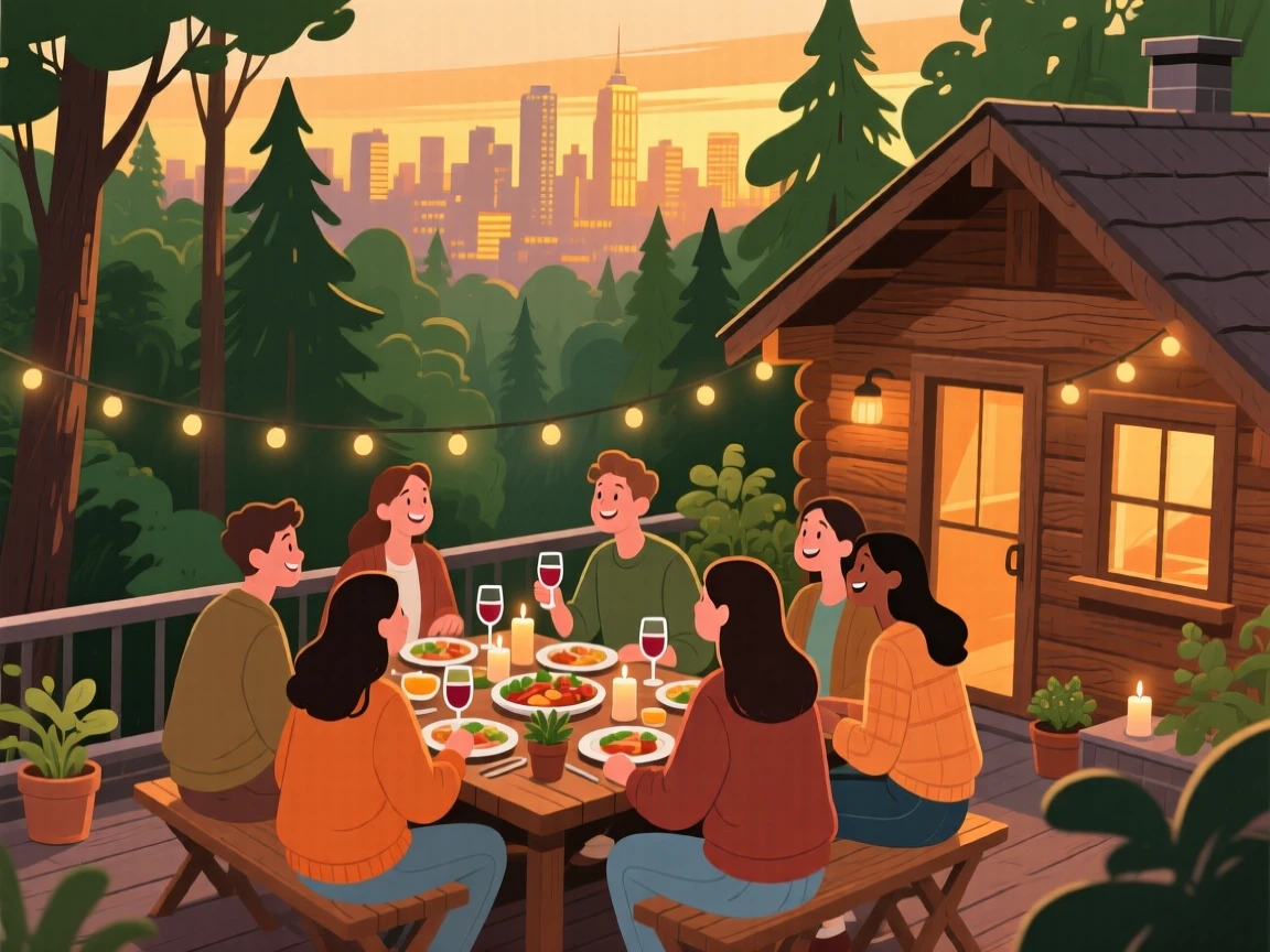 A group of friends enjoying a rooftop dinner overlooking the city, in a rustic wooden cabin surrounded by forest, captured from behind to invite the viewer into the moment, with a sense of warmth and togetherness in every detail.
