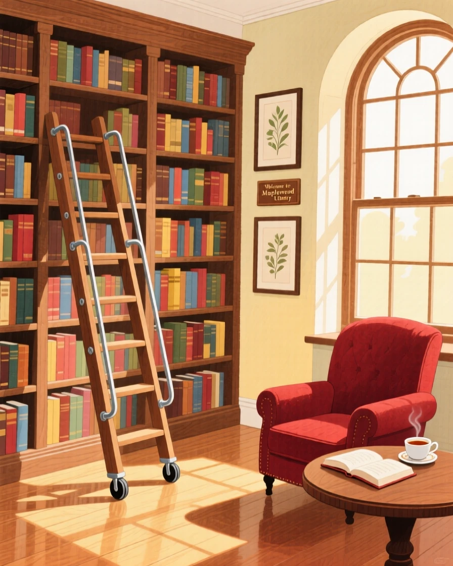 An old library with tall wooden shelves and a rolling ladder, warm and inviting on a quiet afternoon.