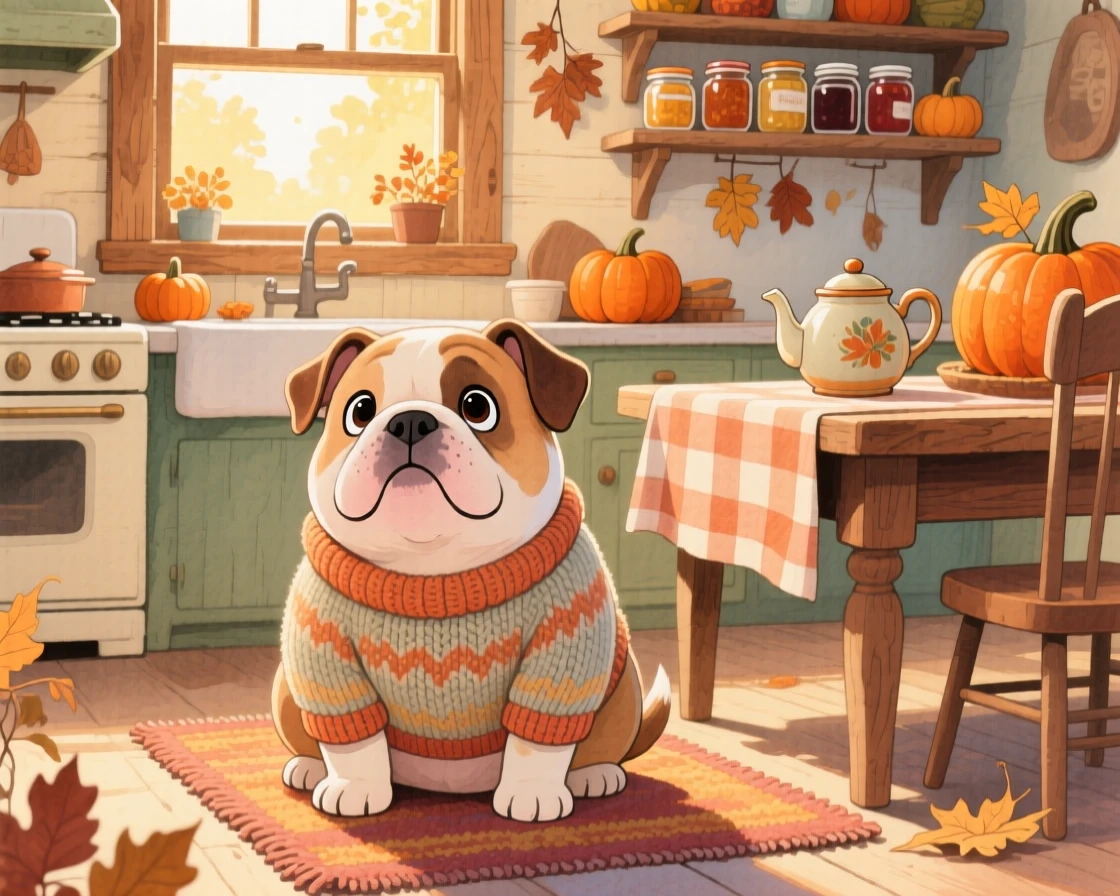 A chubby bulldog puppy wearing a tiny knitted sweater on a crisp autumn day, set in a cozy farmhouse kitchen with morning light streaming in, full of playful curiosity.