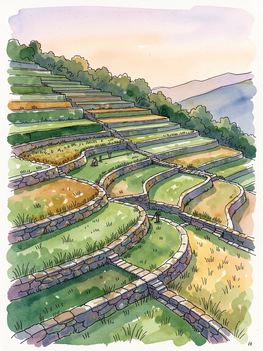 A patchwork of terraced farmland climbing a steep green hillside, golden light spilling across the landscape at the close of day.