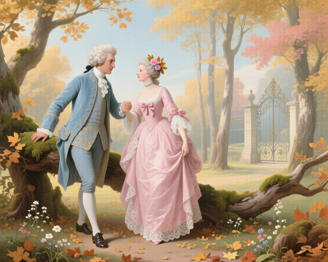 An autumn woodland walk where a gentleman helps a lady over a fallen tree  
