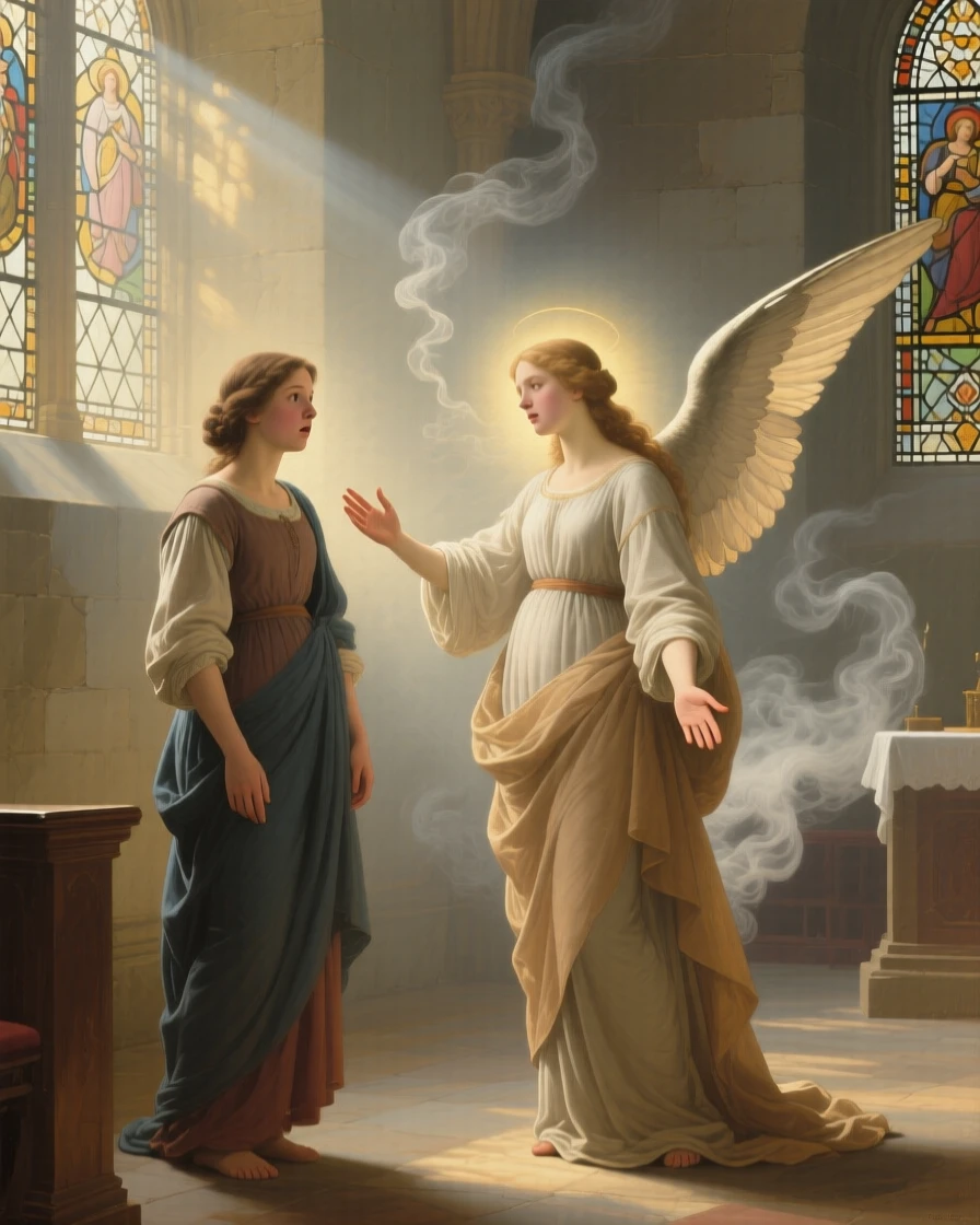 An angel appearing gently before a startled young shepherdess in an instant of grace touching the ordinary world, set within a sunlit chapel filled with drifting incense smoke, with open hands extended in a gesture of blessing or gratitude; a low, humble viewpoint elevates the sacred over the everyday, capturing a timeless moment of grace and gratitude.