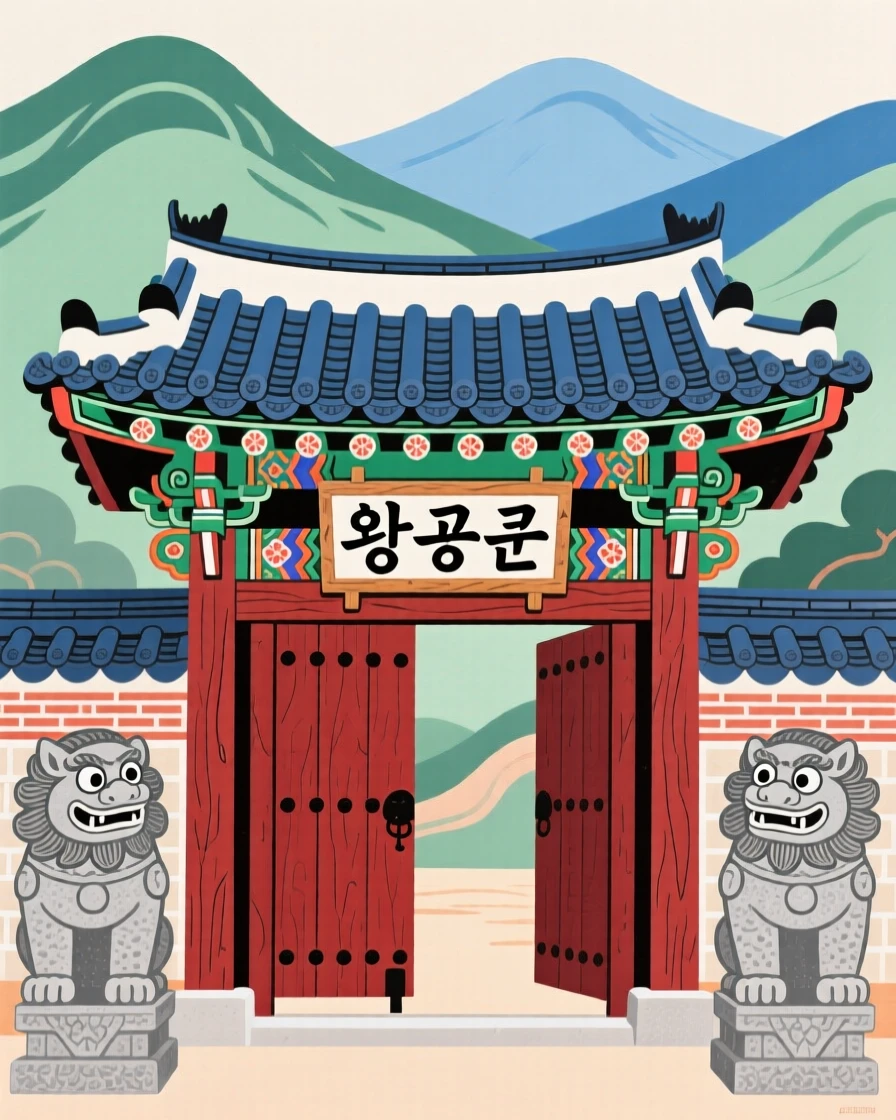 A royal palace gate flanked by stone guardians nestled among distant mountains.