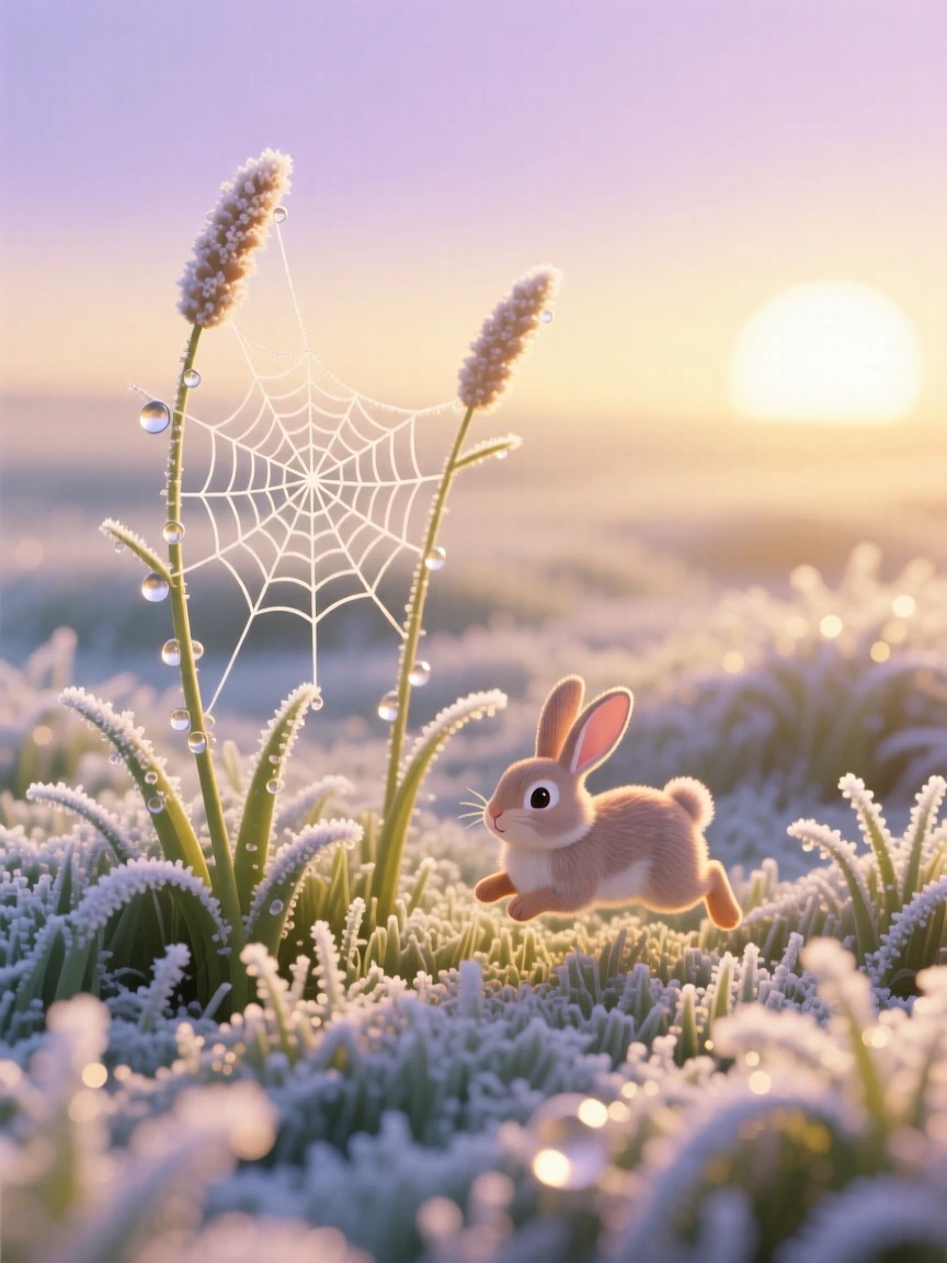 A frost-covered meadow at sunrise, spiderwebs glistening with dew, and a rabbit pausing mid-hop in the golden morning light.