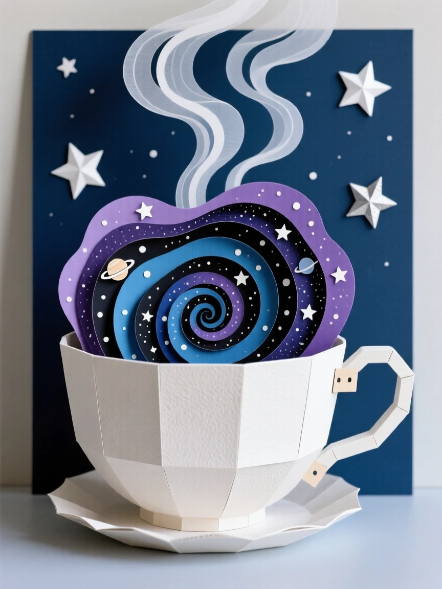 A gigantic teacup overflowing with a swirling galaxy instead of tea, steam rising into a starry sky, evoking whimsical cosmic imagination.