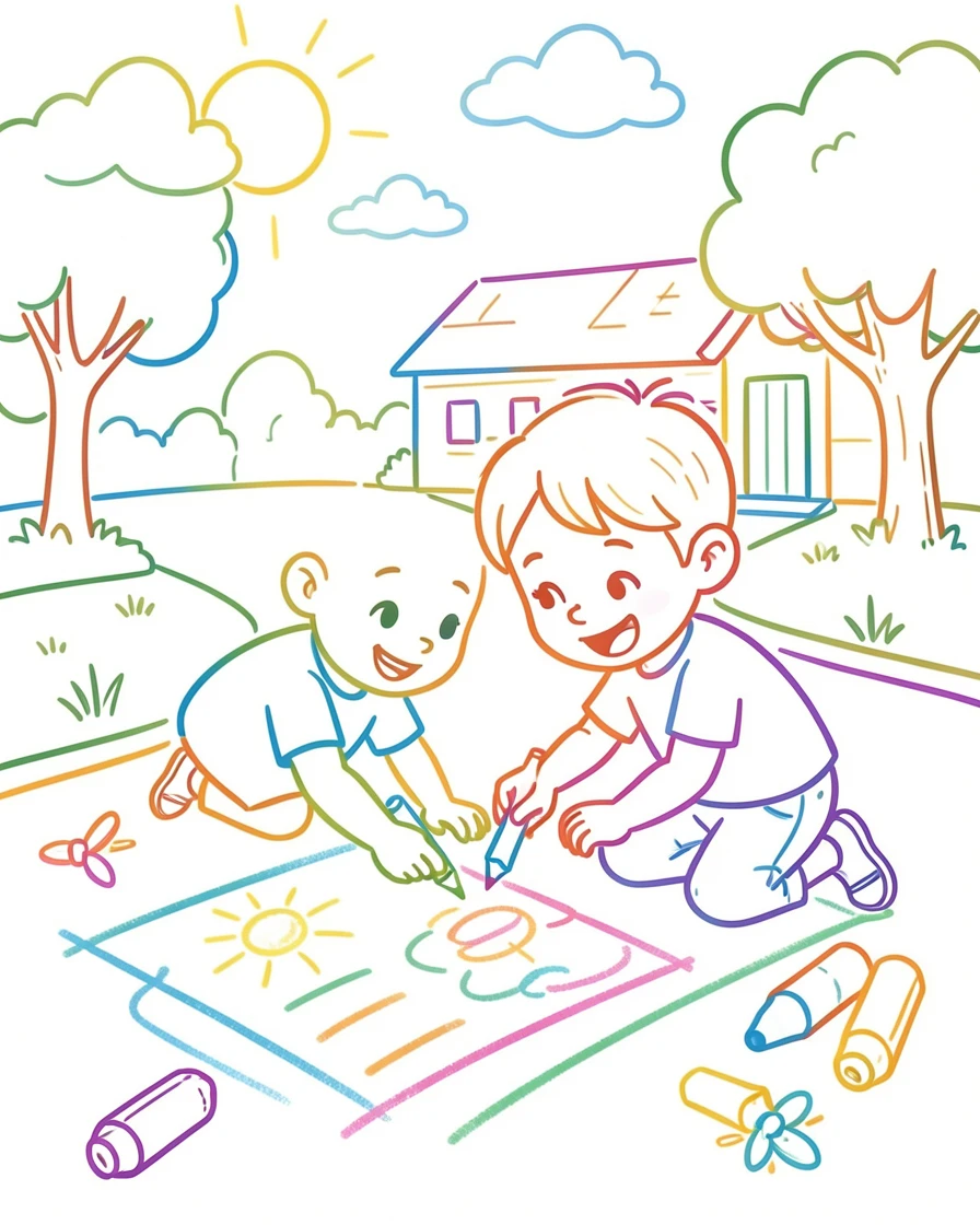 A child drawing with chalk on a sunny driveway.