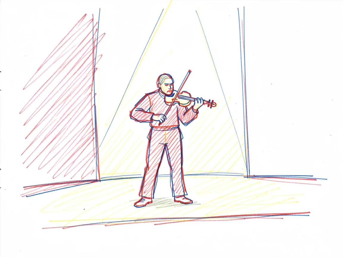 A violinist performing solo on an empty theater stage under a spotlight