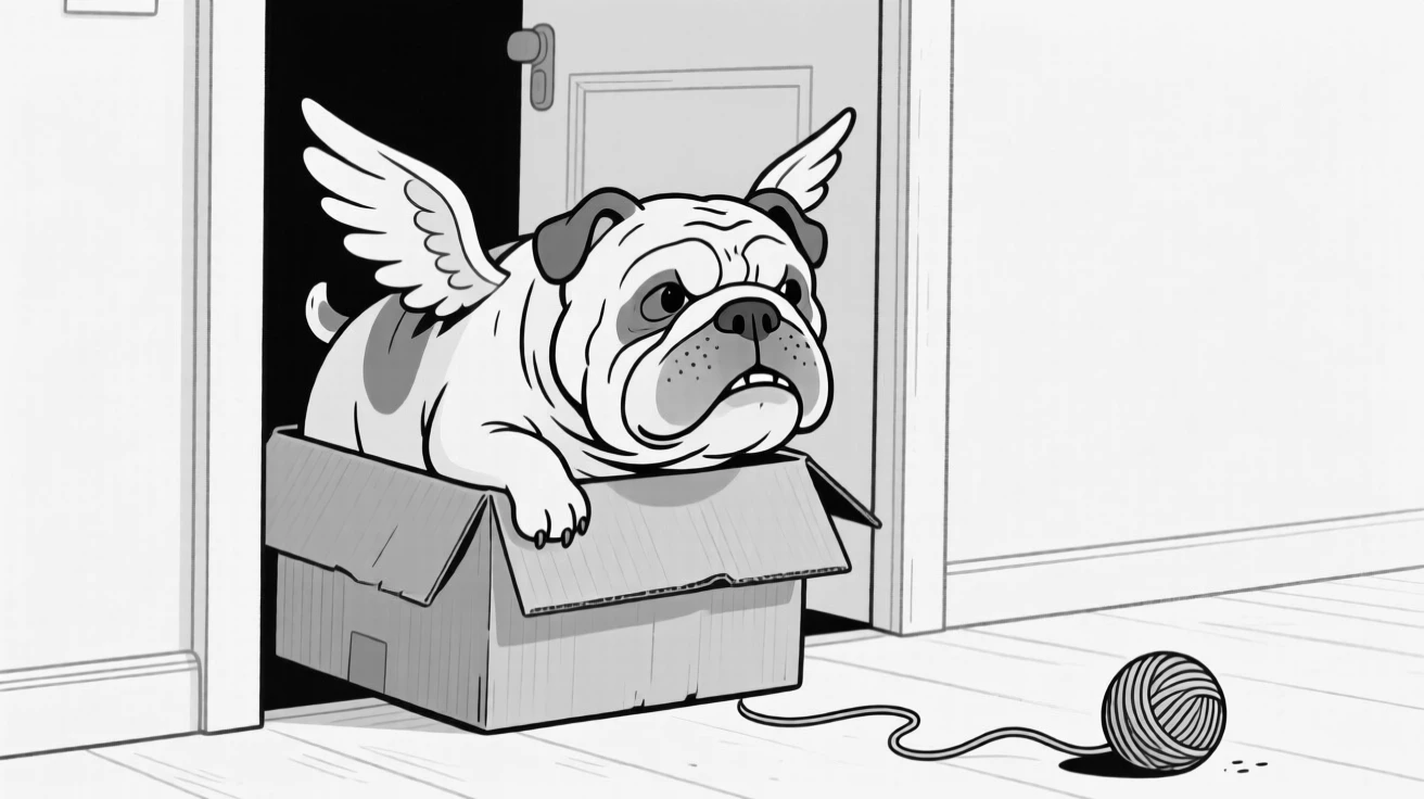 A stubborn bulldog refusing to move from a doorway, flapping stubby wings in an attempt to fly, set squeezed inside a cardboard box. A ball of yarn rolls slowly across the floor. It feels like the kind of photo that instantly earns a smile.