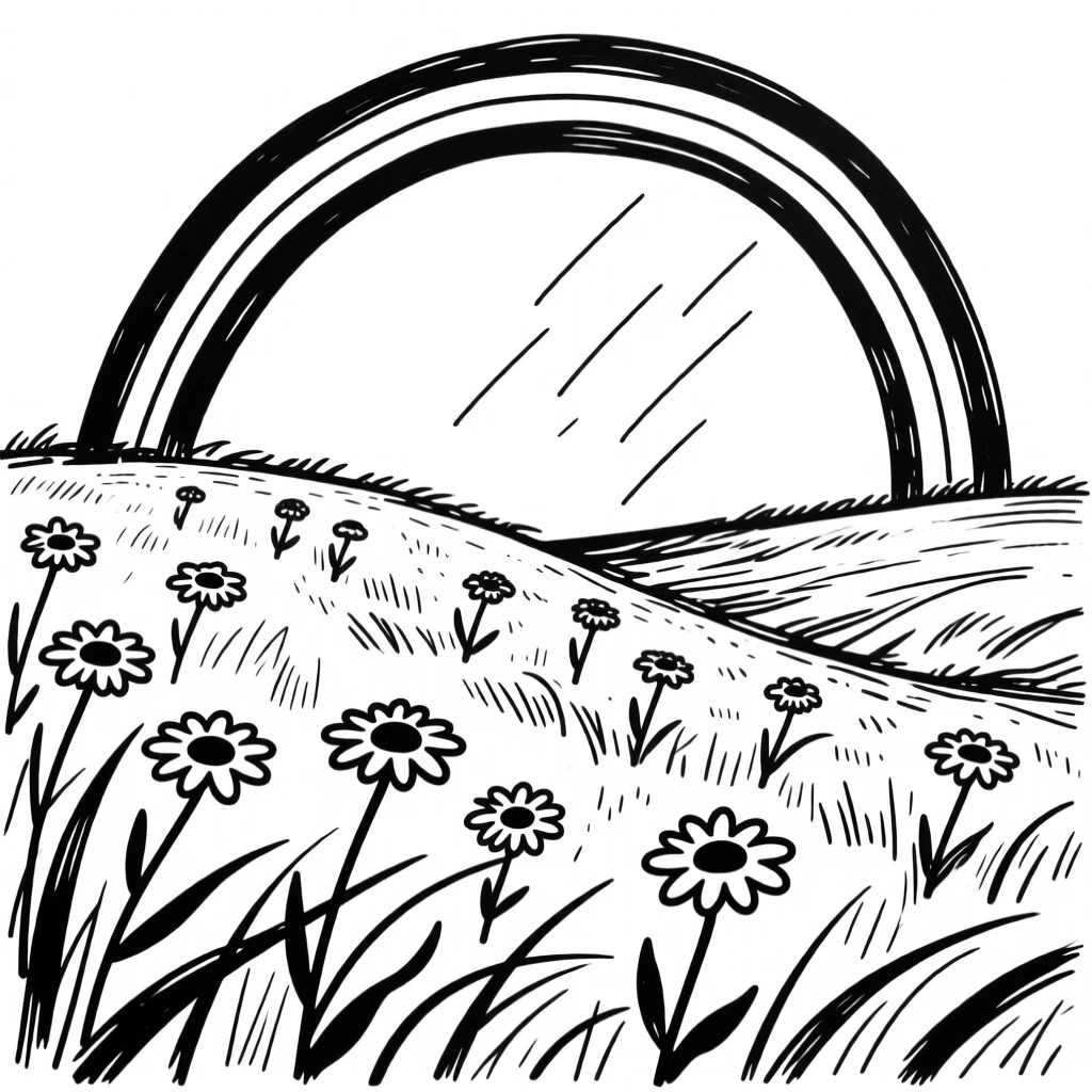 A rolling meadow of wild daisies beneath a rainbow after a passing storm.