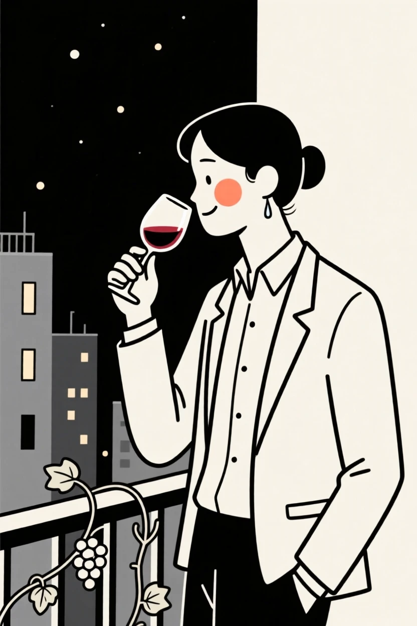 A sommelier of vietnamese heritage tasting wine at a vineyard, holding back happy tears, on a city balcony at night.