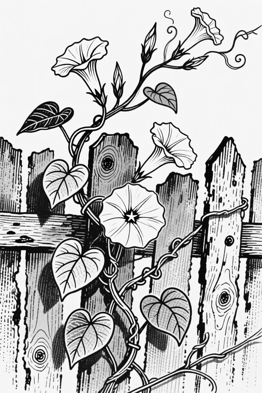 A vine of morning glories climbing a weathered wooden fence.